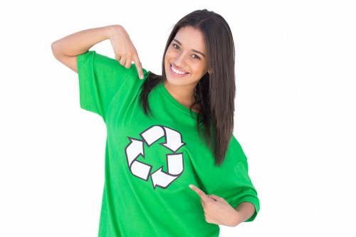 A young woman with long dark hair and a bright smile is wearing a vibrant green t-shirt featuring a white recycling symbol. She is standing against a plain white background and is pointing at the recycling logo with her right hand while using her left hand to point at her chest. The image is focused on her upper body, capturing her casual posture and cheerful expression, emphasizing environmentally conscious themes. This visual could be associated with sustainable practices or waste management initiatives, relevant to rubbish removal services offered by companies like Garden Clearance Chelsea, which operates in Chelsea and the surrounding postcode areas.